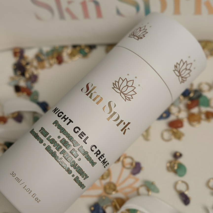 The Core Nightly Ritual: Night Gel Crème Frequency-attuned 528 Hz + Aurora Oil Serum Frequency-attuned 852Hz + Attuned Crystals