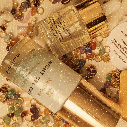 The Core Nightly Ritual: Night Gel Crème Frequency-attuned 528 Hz + Aurora Oil Serum Frequency-attuned 852Hz + Attuned Crystals