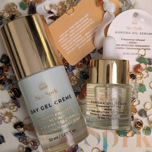The Core Daytime Ritual: Day Gel Crème Frequency-attuned 963 Hz + Aurora Oil Serum Frequency-attuned 852Hz + Attuned Crystals