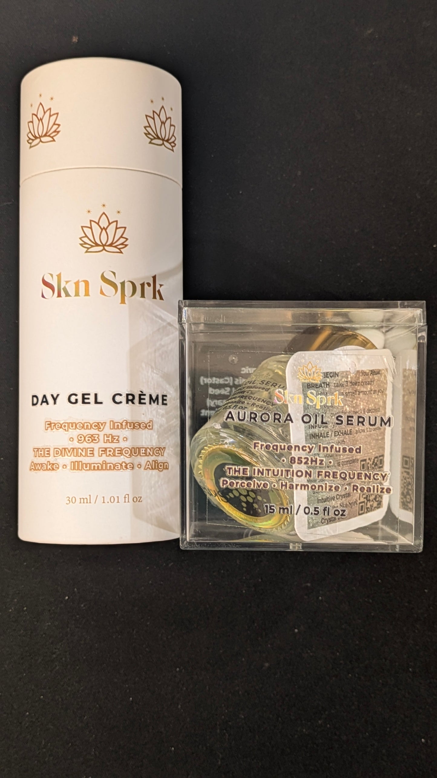 The Core Daytime Ritual: Day Gel Crème Frequency-attuned 963 Hz + Aurora Oil Serum Frequency-attuned 852Hz + Attuned Crystals