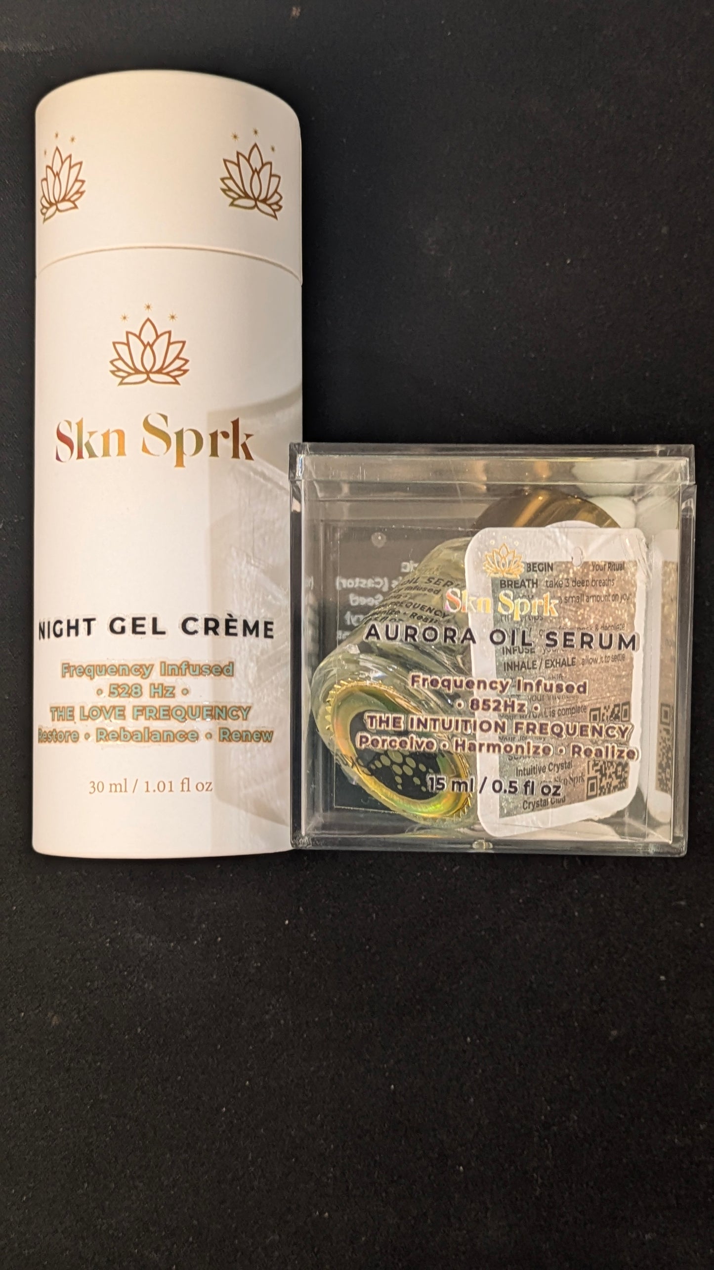 The Core Nightly Ritual: Night Gel Crème Frequency-attuned 528 Hz + Aurora Oil Serum Frequency-attuned 852Hz + Attuned Crystals